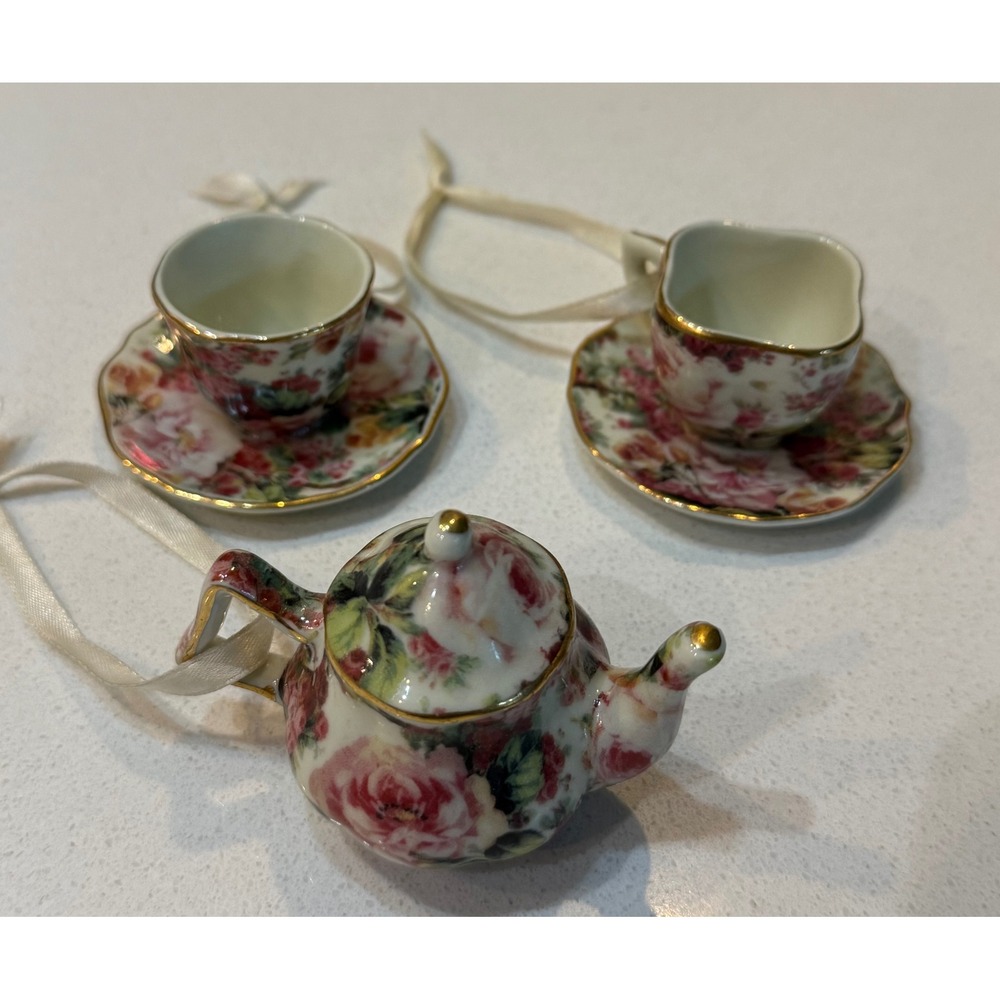 Vtg Miniature Porcelain Rose Tea Set Ornaments Teapot & Cups Gold Trim 3 pc Set